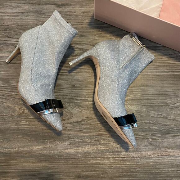 Sophia Webster Andie Bow Mid Heel Stretch Leather Glitter Fabric Ankle Booties - Picture 12 of 16